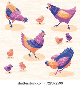 Cartoon animals. Hens. Birds set.