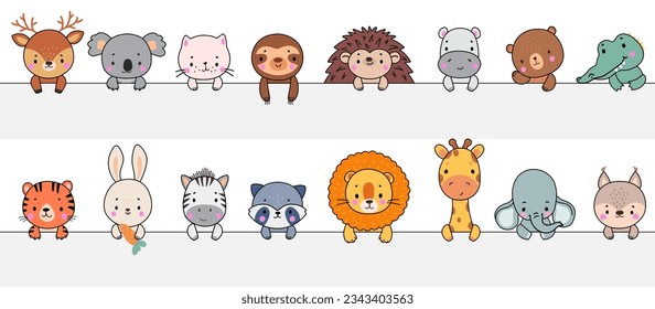 Cartoon animals holding banner. Animal peeking out lines, koala, cat and crocodile looking. Wild characters wall stickers and decor nowaday vector art