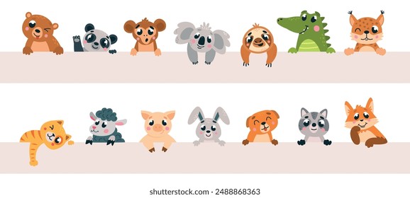 Cartoon animals holding banner. Wild animal looking out, peeping and peeking. Bear koala rabbit raccoon panda cat and fox, classy vector design