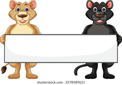 Cartoon animals holding a blank rectangular sign