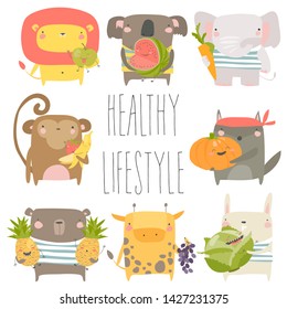 Cartoon animals holding fruits and vegetables on white background