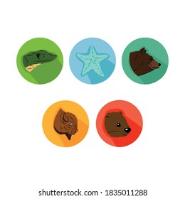 Cartoon Animals Icon Bundle with snake, starfish, bear, wildebeest, beaver