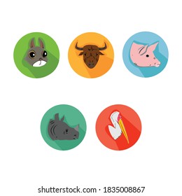 Cartoon Animals Icon Bundle with squirrel, buffalo, pig, rhino, stork