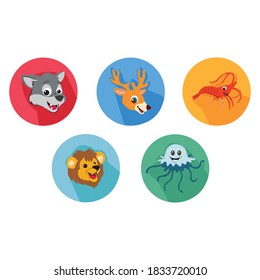 Cartoon Animals Icon Bundle with wolf, deer, shrimp, lion, jellyfish 