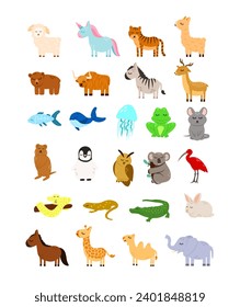 Cartoon animals icon set for kids. Funny cute animal, zoo animals characters. Isolated vector icons illustration set.