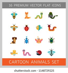 Cartoon animals icons set. Kangaroo, pig, bat, bee, fish. Fauna concept. Can be used for topics like nature, wildlife, wilderness, cattle