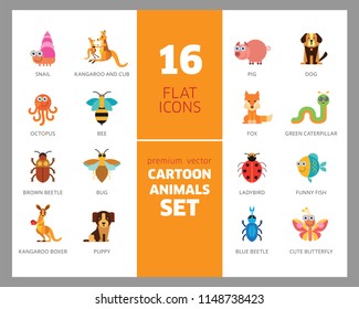 Cartoon animals icons set. Kangaroo, pig, bat, bee, fish. Fauna concept. Can be used for topics like nature, wildlife, wilderness, cattle