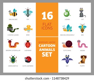 Cartoon animals icons set. Kangaroo, pig, bat, bee, fish. Fauna concept. Can be used for topics like nature, wildlife, wilderness, cattle