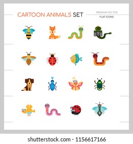 Cartoon animals icons set. Kangaroo, pig, bat, bee, fish. Fauna concept. Can be used for topics like nature, wildlife, wilderness, cattle