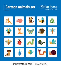 Cartoon animals icons set. Kangaroo, pig, bat, bee, fish. Fauna concept. Can be used for topics like nature, wildlife, wilderness, cattle