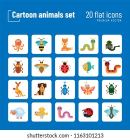 Cartoon animals icons set. Kangaroo, pig, bat, bee, fish. Fauna concept. Can be used for topics like nature, wildlife, wilderness, cattle