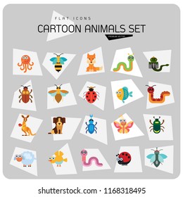 Cartoon animals icons set. Kangaroo, pig, bat, bee, fish. Fauna concept. Can be used for topics like nature, wildlife, wilderness, cattle