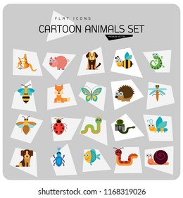 Cartoon animals icons set. Kangaroo, pig, bat, bee, fish. Fauna concept. Can be used for topics like nature, wildlife, wilderness, cattle