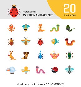 Cartoon animals icons set. Kangaroo, pig, bat, bee, fish. Fauna concept. Can be used for topics like nature, wildlife, wilderness, cattle