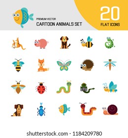 Cartoon animals icons set. Kangaroo, pig, bat, bee, fish. Fauna concept. Can be used for topics like nature, wildlife, wilderness, cattle