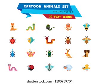 Cartoon animals icons set. Kangaroo, pig, bat, bee, fish. Fauna concept. Can be used for topics like nature, wildlife, wilderness, cattle