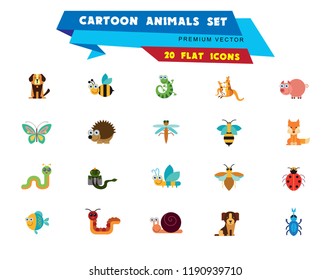 Cartoon animals icons set. Kangaroo, pig, bat, bee, fish. Fauna concept. Can be used for topics like nature, wildlife, wilderness, cattle