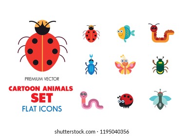 Cartoon animals icons set. Kangaroo, pig, bat, bee, fish. Fauna concept. Can be used for topics like nature, wildlife, wilderness, cattle