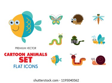 Cartoon animals icons set. Kangaroo, pig, bat, bee, fish. Fauna concept. Can be used for topics like nature, wildlife, wilderness, cattle