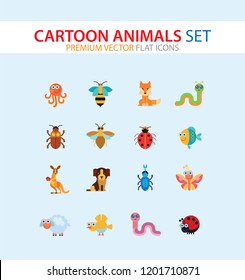 Cartoon animals icons set. Kangaroo, pig, bat, bee, fish. Fauna concept. Can be used for topics like nature, wildlife, wilderness, cattle