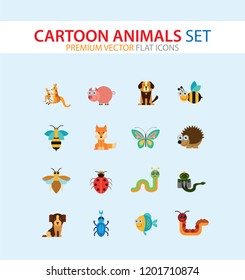 Cartoon animals icons set. Kangaroo, pig, bat, bee, fish. Fauna concept. Can be used for topics like nature, wildlife, wilderness, cattle