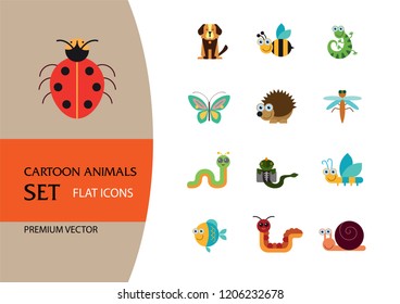 Cartoon animals icons set. Kangaroo, pig, bat, bee, fish. Fauna concept. Can be used for topics like nature, wildlife, wilderness, cattle