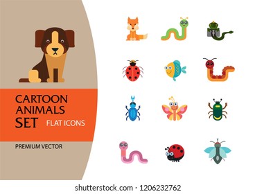 Cartoon animals icons set. Kangaroo, pig, bat, bee, fish. Fauna concept. Can be used for topics like nature, wildlife, wilderness, cattle