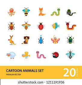 Cartoon animals icons set. Kangaroo, pig, bat, bee, fish. Fauna concept. Can be used for topics like nature, wildlife, wilderness, cattle