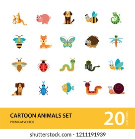 Cartoon animals icons set. Kangaroo, pig, bat, bee, fish. Fauna concept. Can be used for topics like nature, wildlife, wilderness, cattle