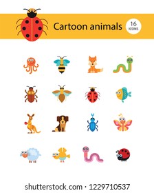 Cartoon animals icons set. Kangaroo, pig, bat, bee, fish. Fauna concept. Can be used for topics like nature, wildlife, wilderness, cattle