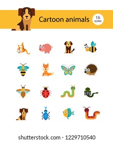 Cartoon animals icons set. Kangaroo, pig, bat, bee, fish. Fauna concept. Can be used for topics like nature, wildlife, wilderness, cattle