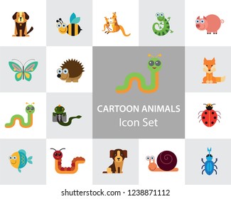 Cartoon animals icons set. Kangaroo, pig, bat, bee, fish. Fauna concept. Can be used for topics like nature, wildlife, wilderness, cattle