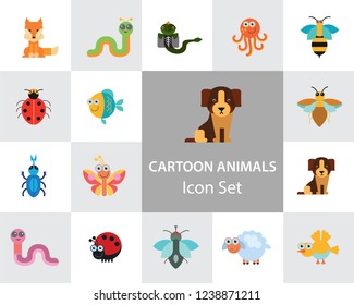 Cartoon animals icons set. Kangaroo, pig, bat, bee, fish. Fauna concept. Can be used for topics like nature, wildlife, wilderness, cattle