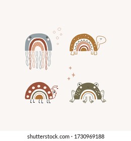 Cartoon animals illustration. The best friends are turtle, jellyfish, ladybug, frog. Vector.