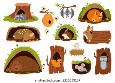 Cartoon animals inside burrow. Set of cute owl, fox, mouse, rabbit, bear, deer, squirrel, raccoon sleeping in holes or trees burrows during winter hibernation. Flat vector illustration