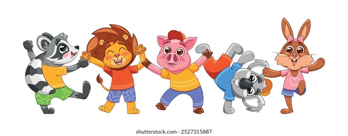 Animales de dibujos animados bailando alegremente juntos en trajes coloridos. Ilustración vectorial Cuenta Con Un Mapache Animado, León, Cerdo