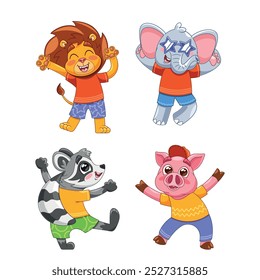 Animales de dibujos animados bailando alegremente con expresiones vibrantes y trajes coloridos. León alegre, elefante, mapache y cerdo