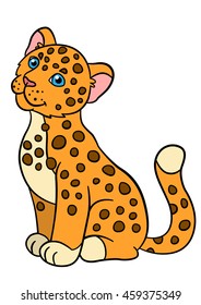 Cartoon animals for kids. Cute baby jaguar sits and smiles.