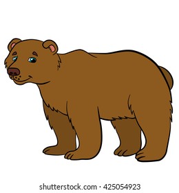 Cartoon animals for kids. Cute brown bear stands and smiles.