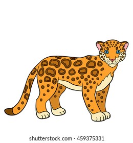 Cartoon animals for kids. Cute jaguar stands and smiles.