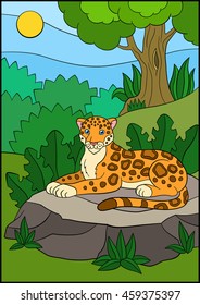 Cartoon animals for kids. Cute jaguar lays on the stone in the forest and smiles.