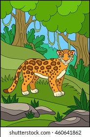Cartoon animals for kids. Cute jaguar stands in the forest and smiles.