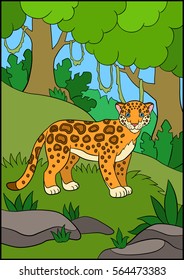 Cartoon animals for kids. Cute jaguar stands in the forest and smiles.