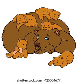 Cartoon animals for kids. Daddy bear with his sleeping little cute baby bears.