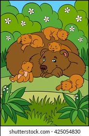 Cartoon animals for kids. Daddy bear with his sleeping little cute baby bears in the forest.