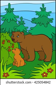 Cartoon animals for kids. Daddy bear with his little cute baby bear looks at the raspberry.