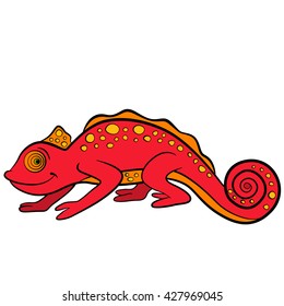 Cartoon animals for kids. Little cute red chameleon smiles.