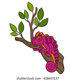 Cartoon animals for kids. Little cute pink chameleon sits on the tree branch and smiles.