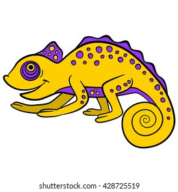 Cartoon animals for kids. Little cute yellow chameleon smiles.