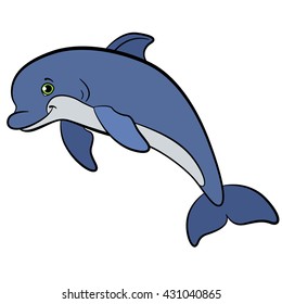 Cartoon animals for kids. Little cute dolphin jumps and smiles.